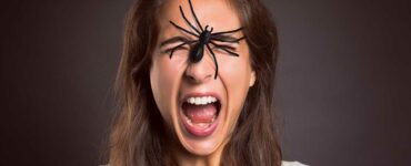 Scared woman with a spider on her face