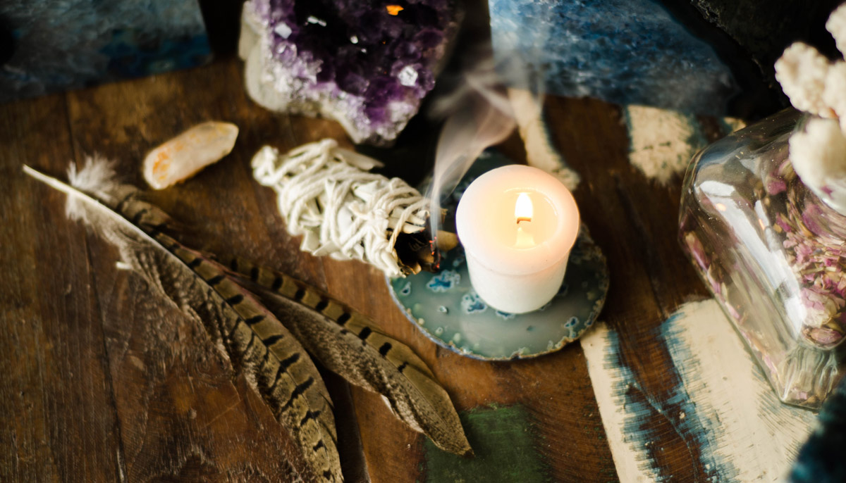 Crystals, candles, and sage