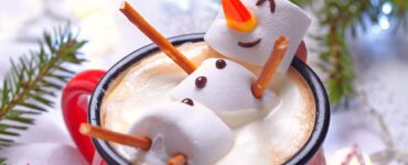 Happy snowman in a mug of hot chocolate